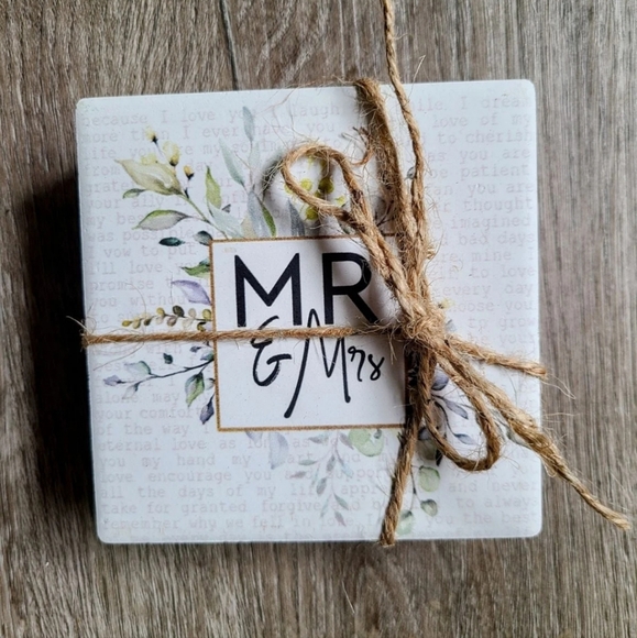 New Ceramic Mr. & Mrs. 4" Coaster Set - Picture 2 of 3